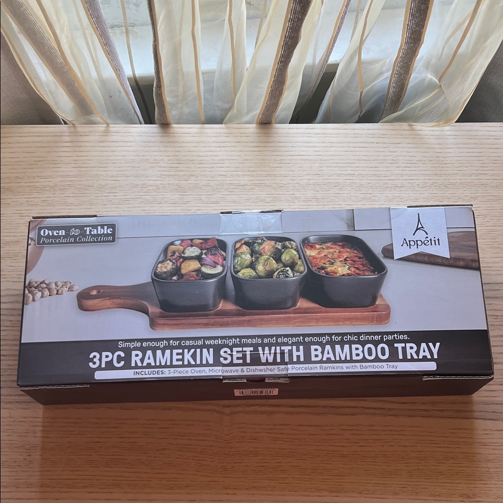 Black Porcelain Ramekin Set with Bamboo Tray
